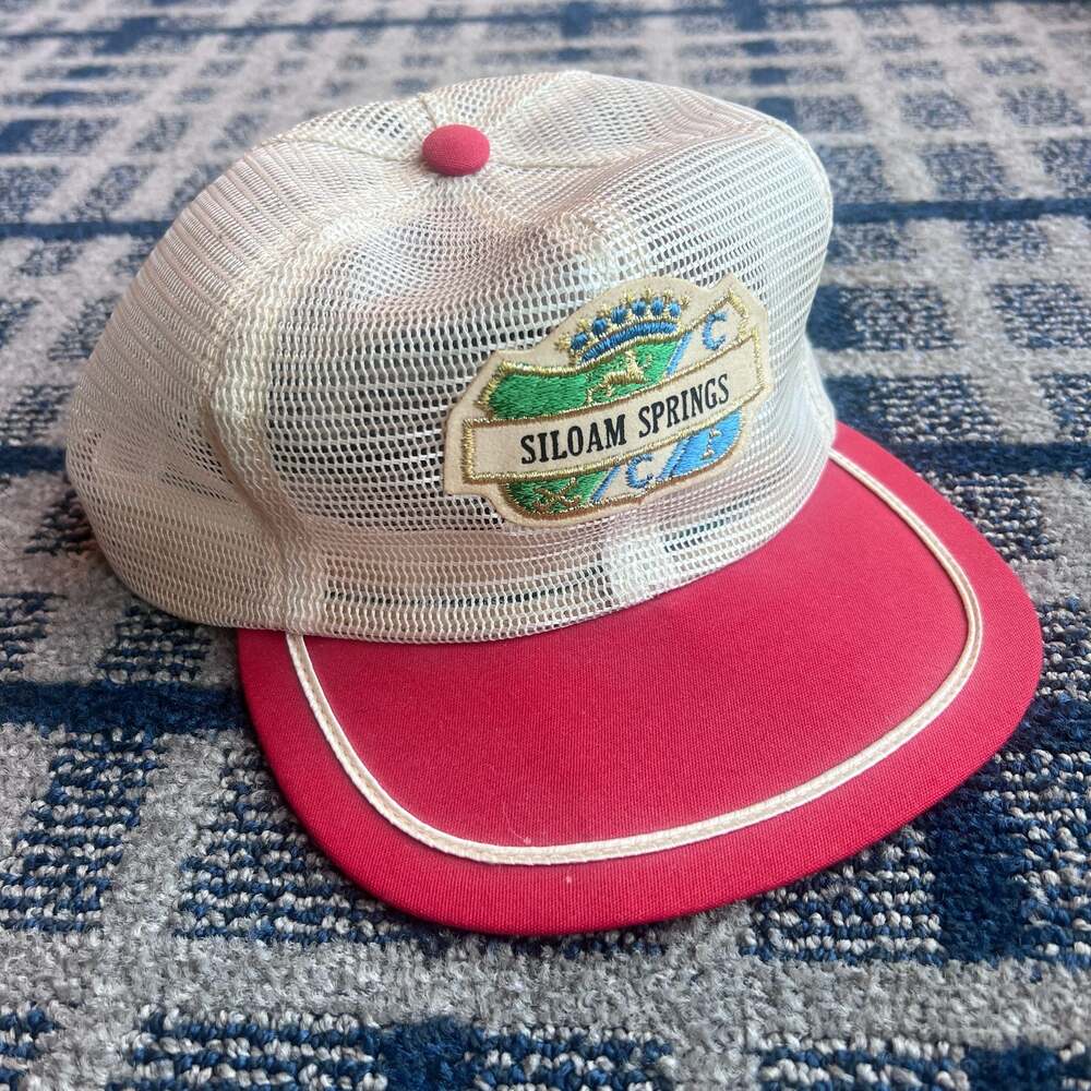 Vintage Siloam Springs Arkansas Trucker Hat Mesh Snapback Red White 70s 80s Rope